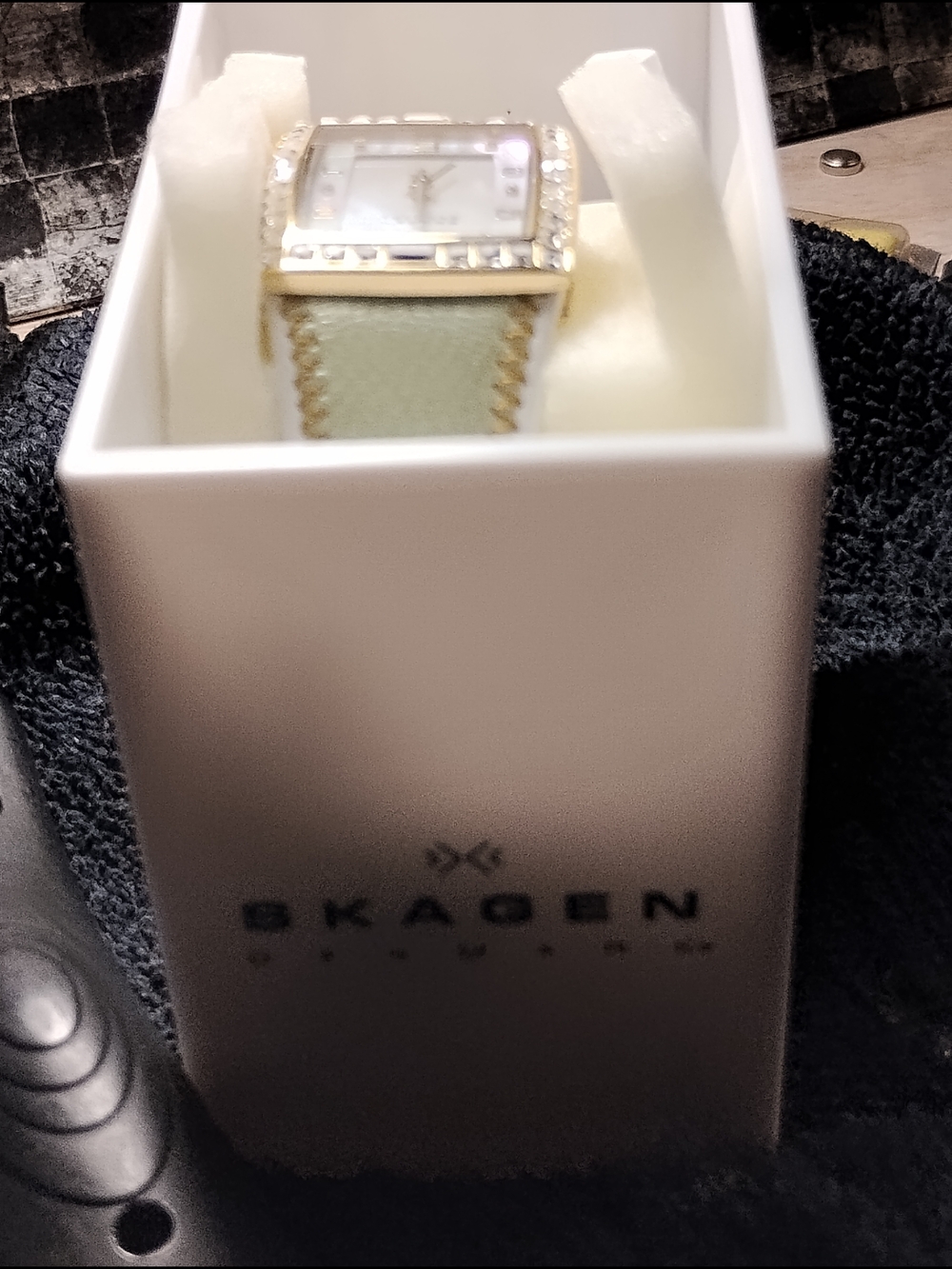 Skagen Gold-Tone Crystal Square Watch with Cream Leather Strap - Picture 9 of 9